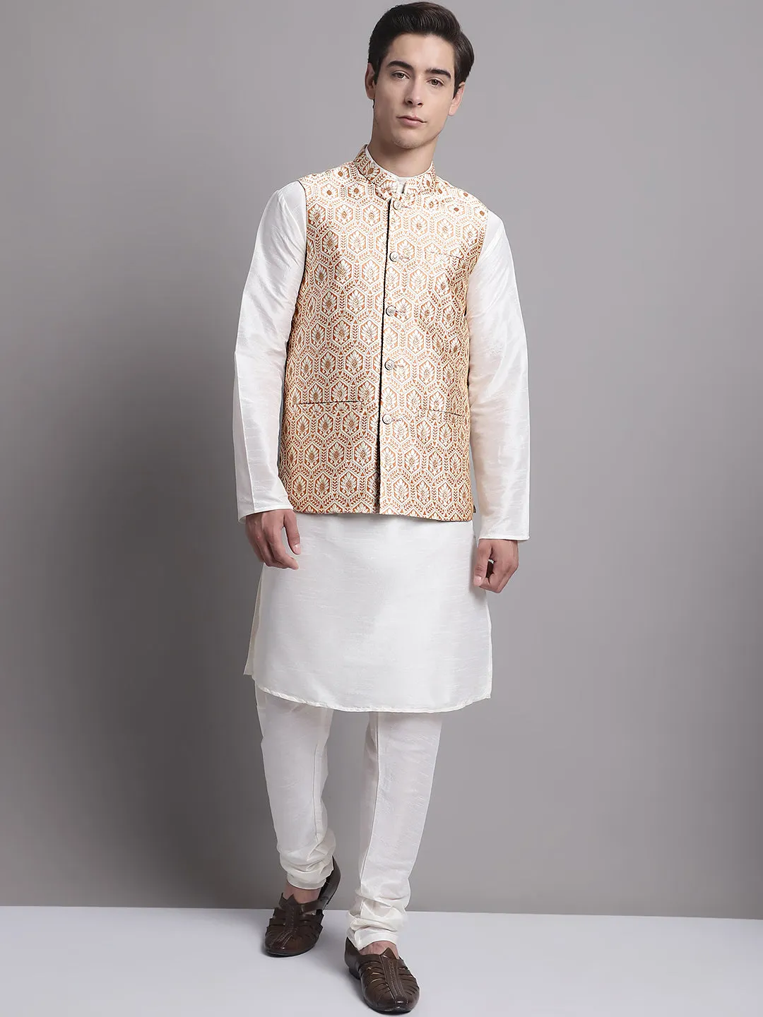 Men'S Peach And Golden Woven Design Nehru Jacket