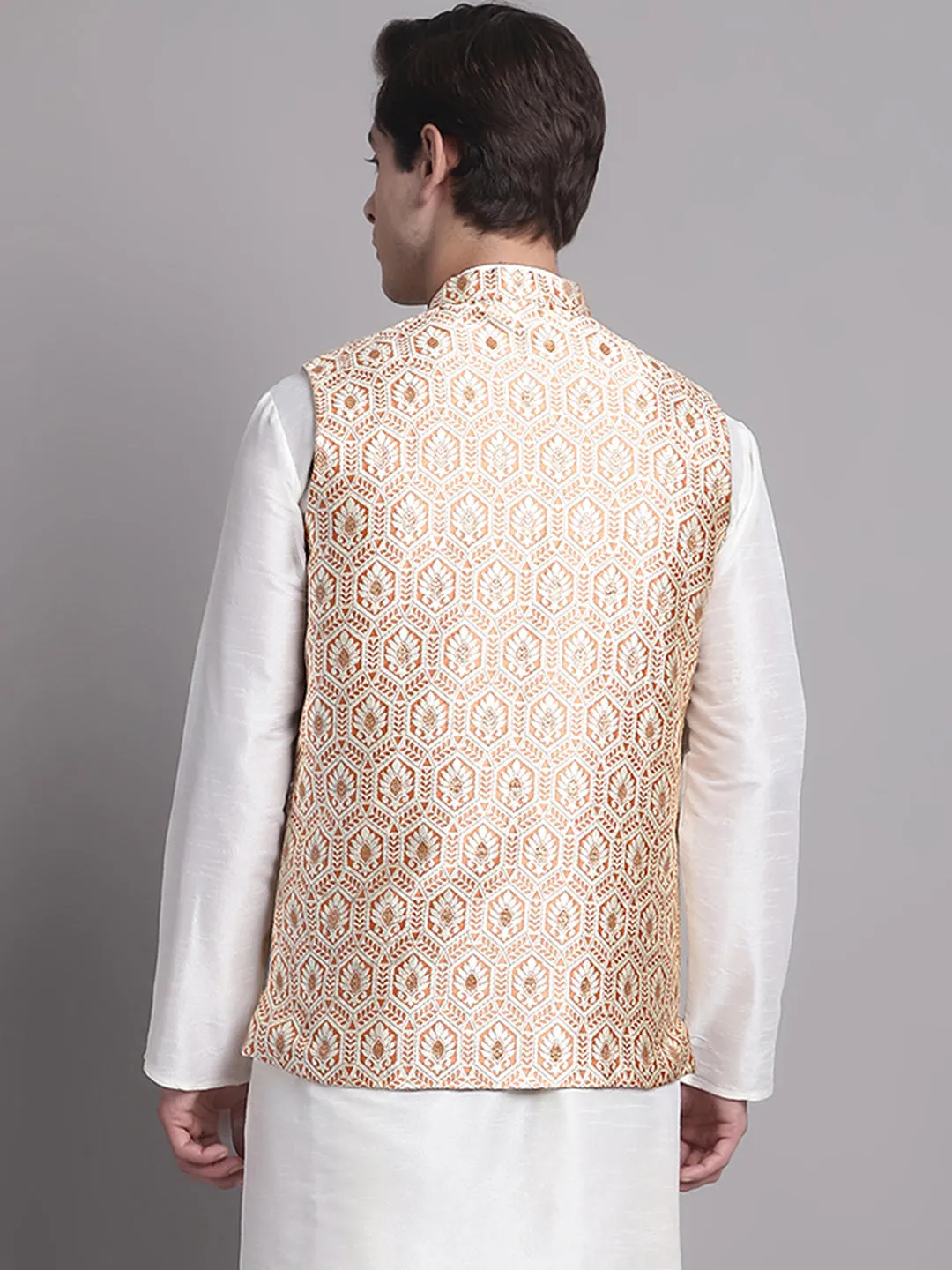 Men'S Peach And Golden Woven Design Nehru Jacket