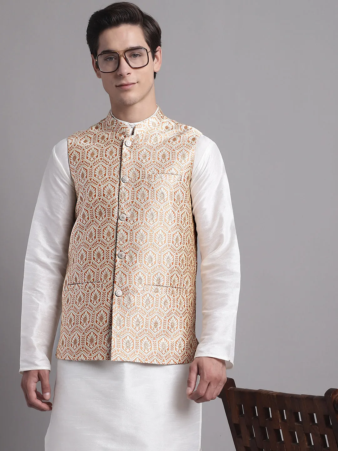 Men'S Peach And Golden Woven Design Nehru Jacket