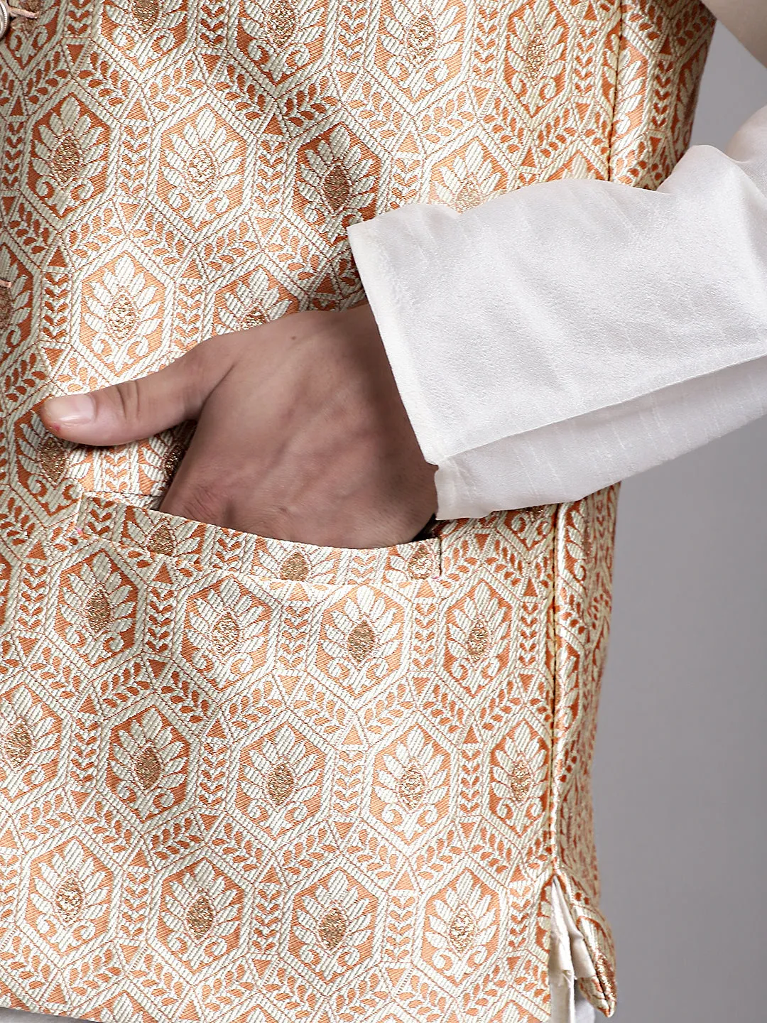 Men'S Peach And Golden Woven Design Nehru Jacket