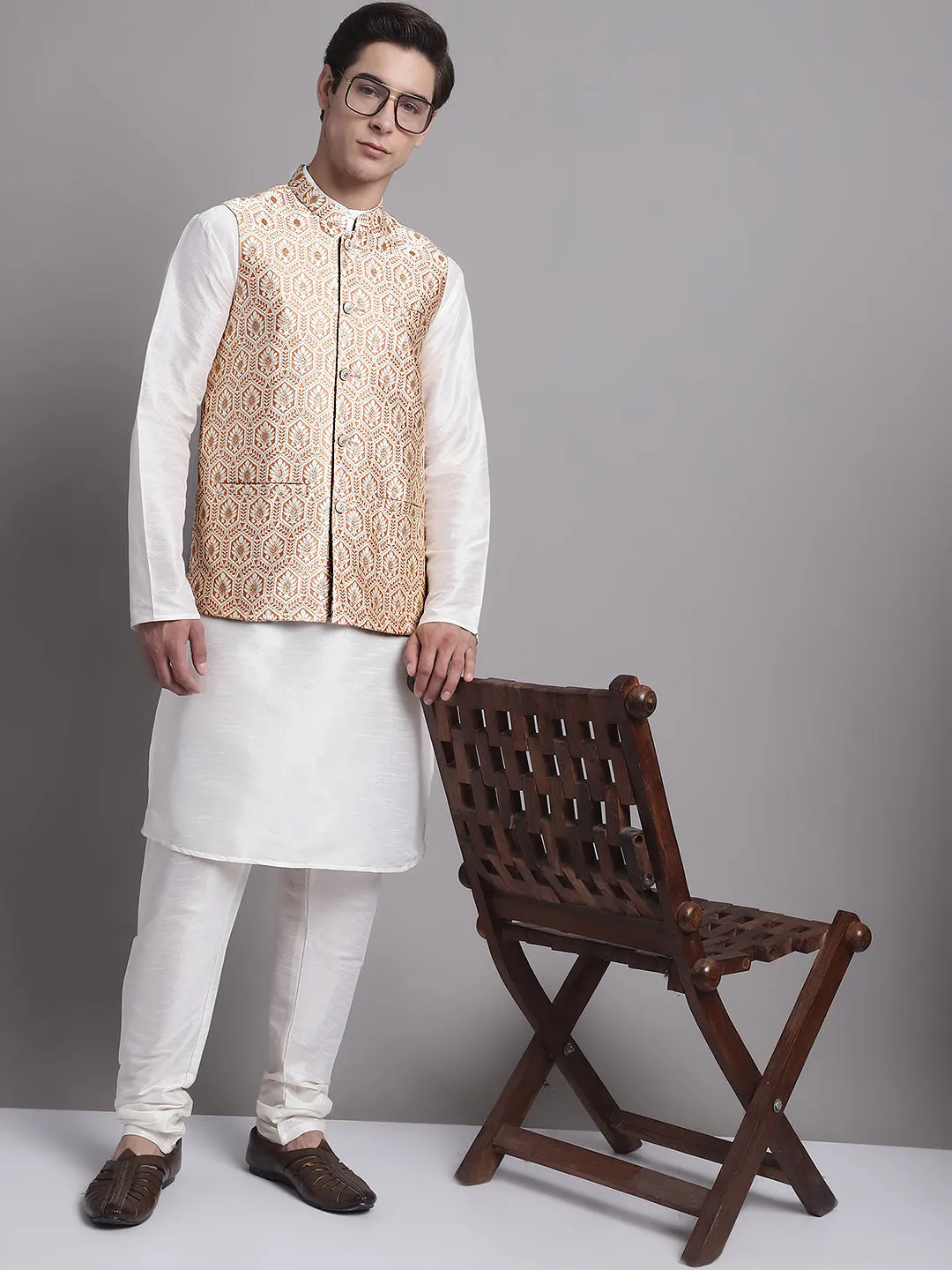 Men'S Peach And Golden Woven Design Nehru Jacket