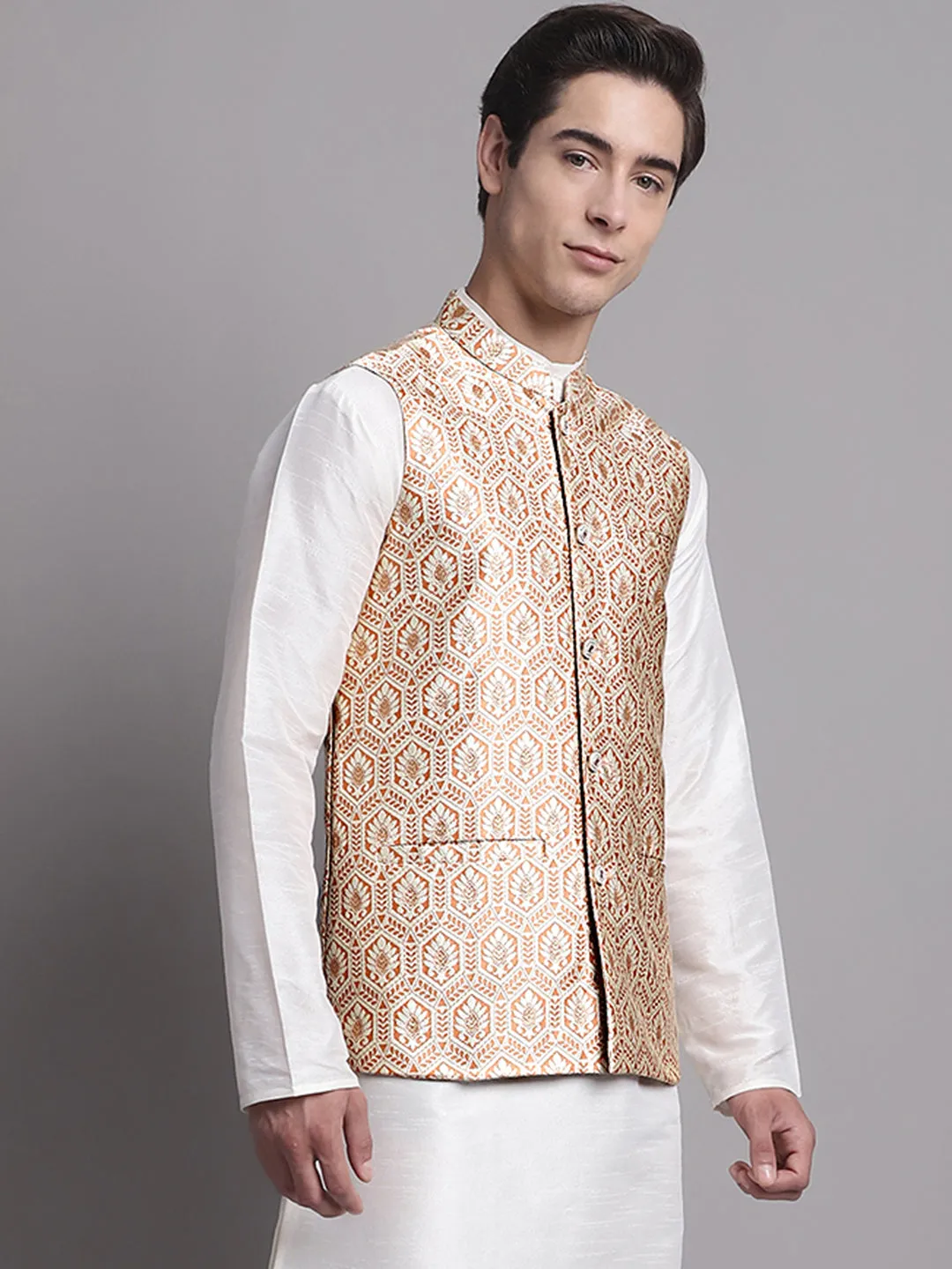 Men'S Peach And Golden Woven Design Nehru Jacket