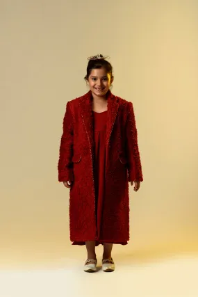 Merry & Bright- Red Organic Sherpa Long Coat With Woollen Dress For Girls