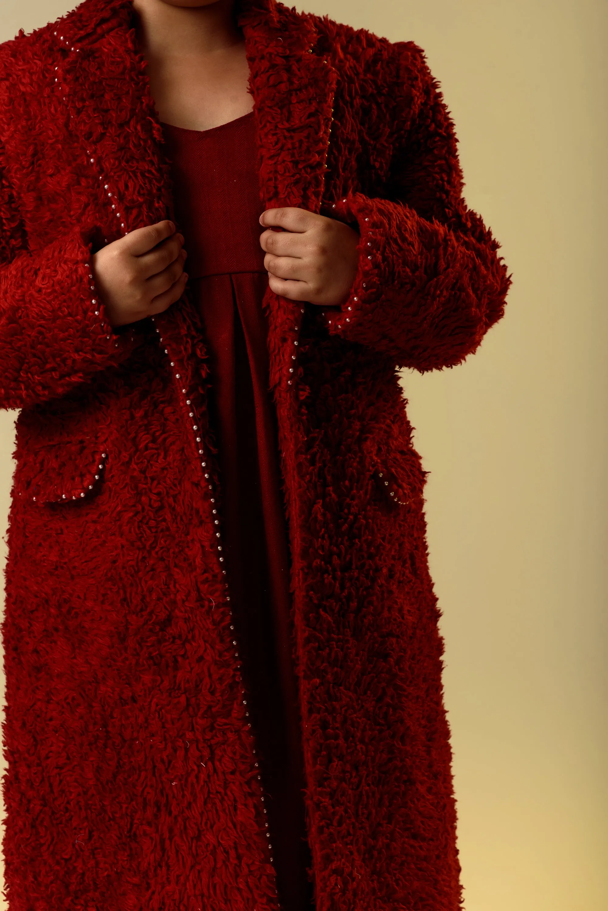 Merry & Bright- Red Organic Sherpa Long Coat With Woollen Dress For Girls