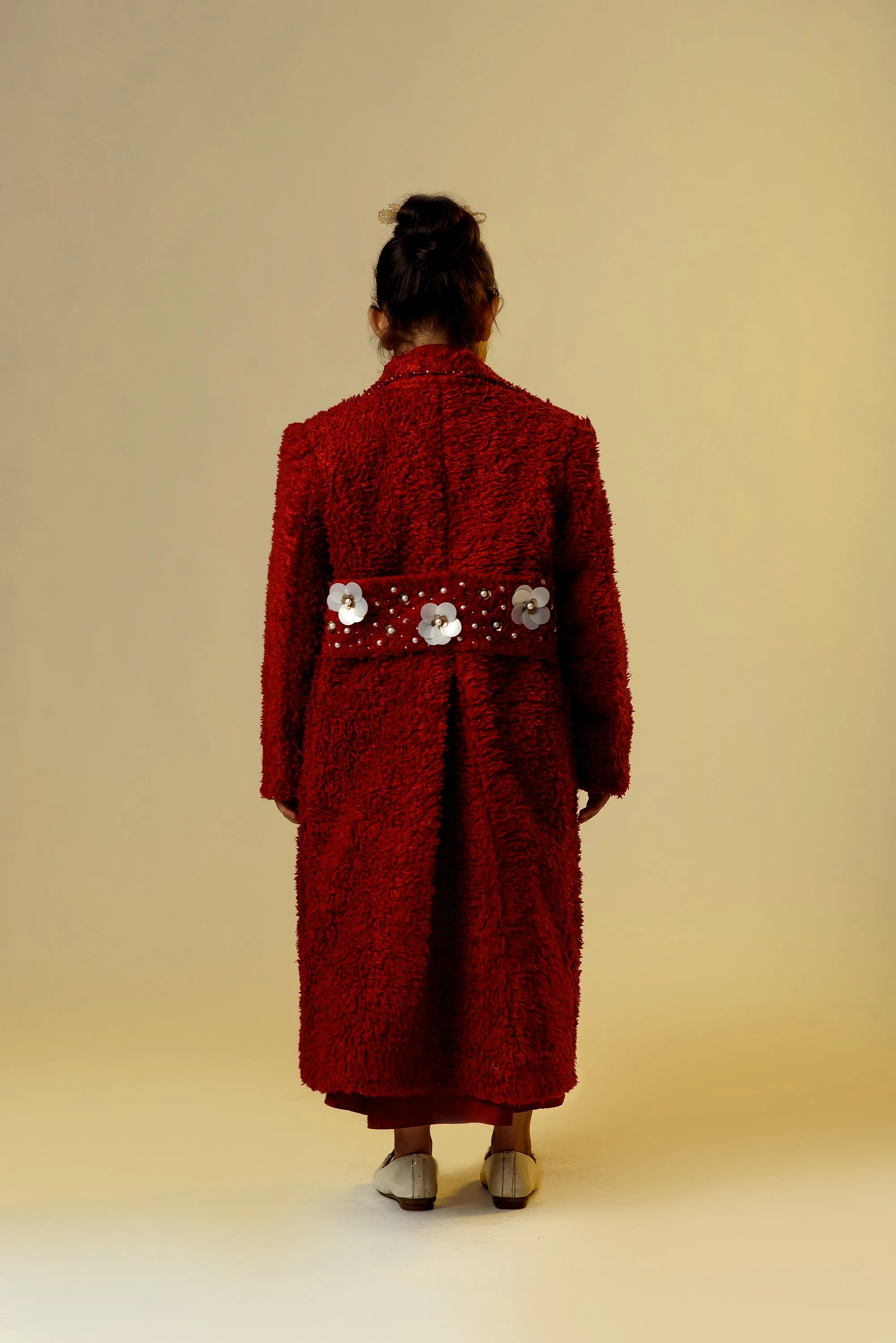 Merry & Bright- Red Organic Sherpa Long Coat With Woollen Dress For Girls