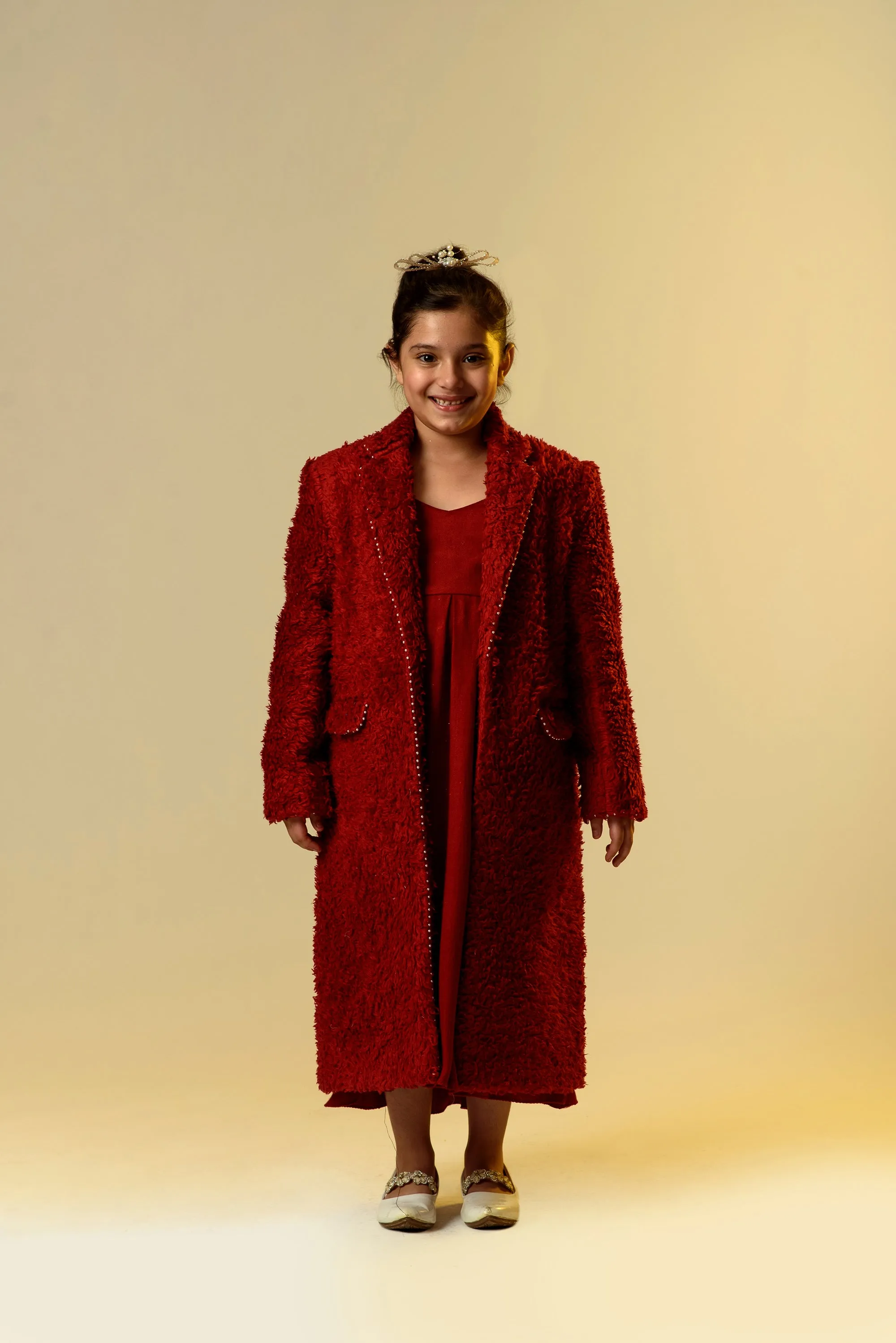 Merry & Bright- Red Organic Sherpa Long Coat With Woollen Dress For Girls