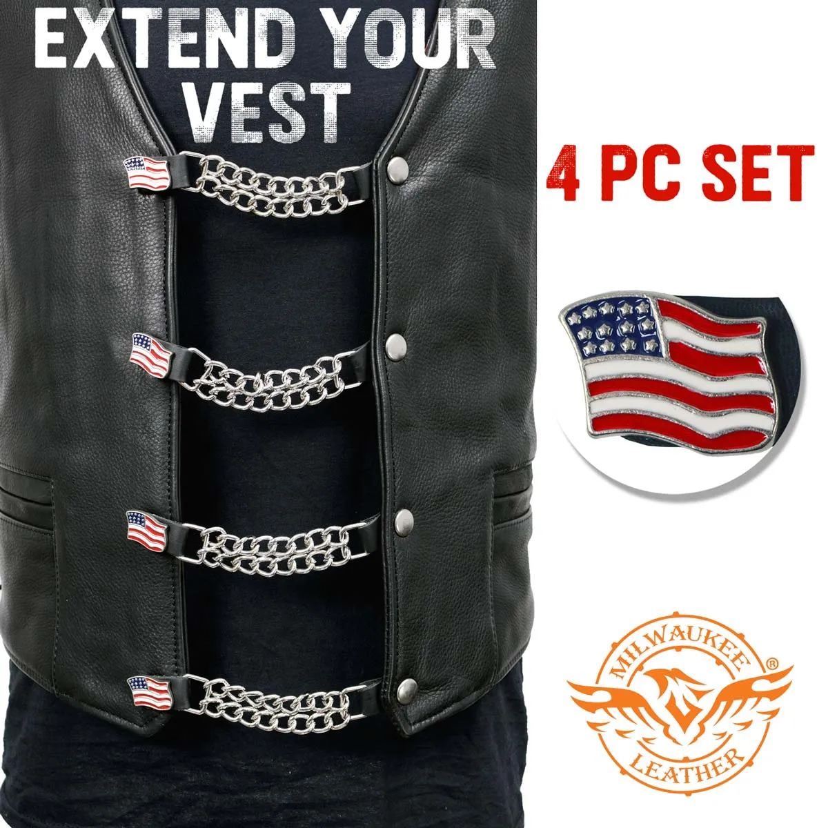 Milwaukee Leather American Flag Vest Extender - Double Chrome Chains