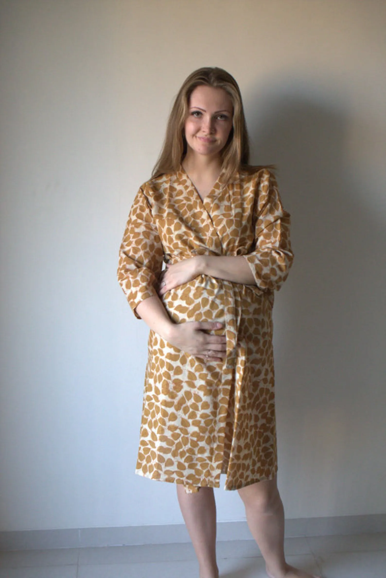 Mustard Leafy Motif Hand Block Organic Cotton Maternity Robe