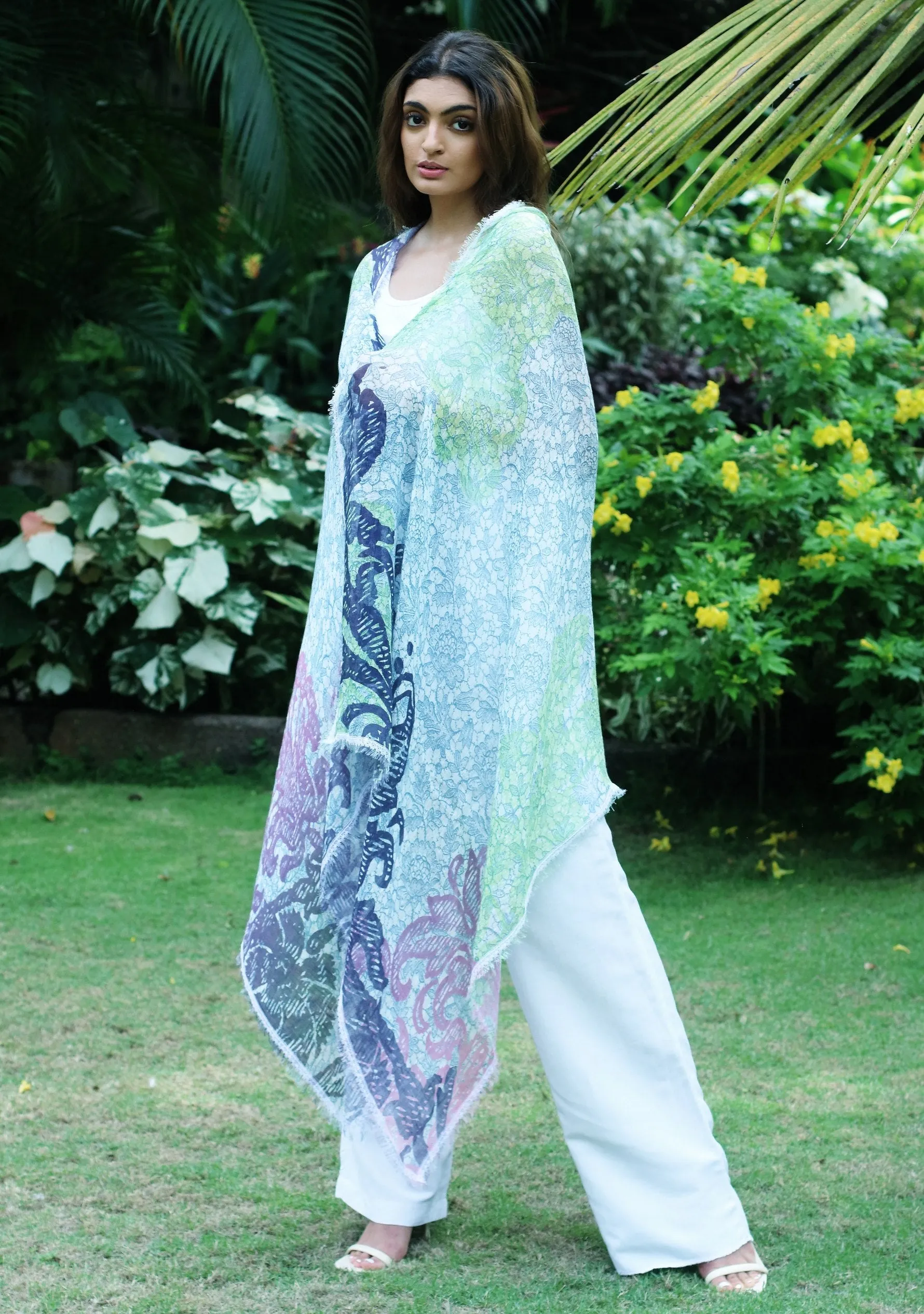 Navy Blue and Denim Blue Floral Printed Linen Scarf with an Ivory Filigree Lace Border