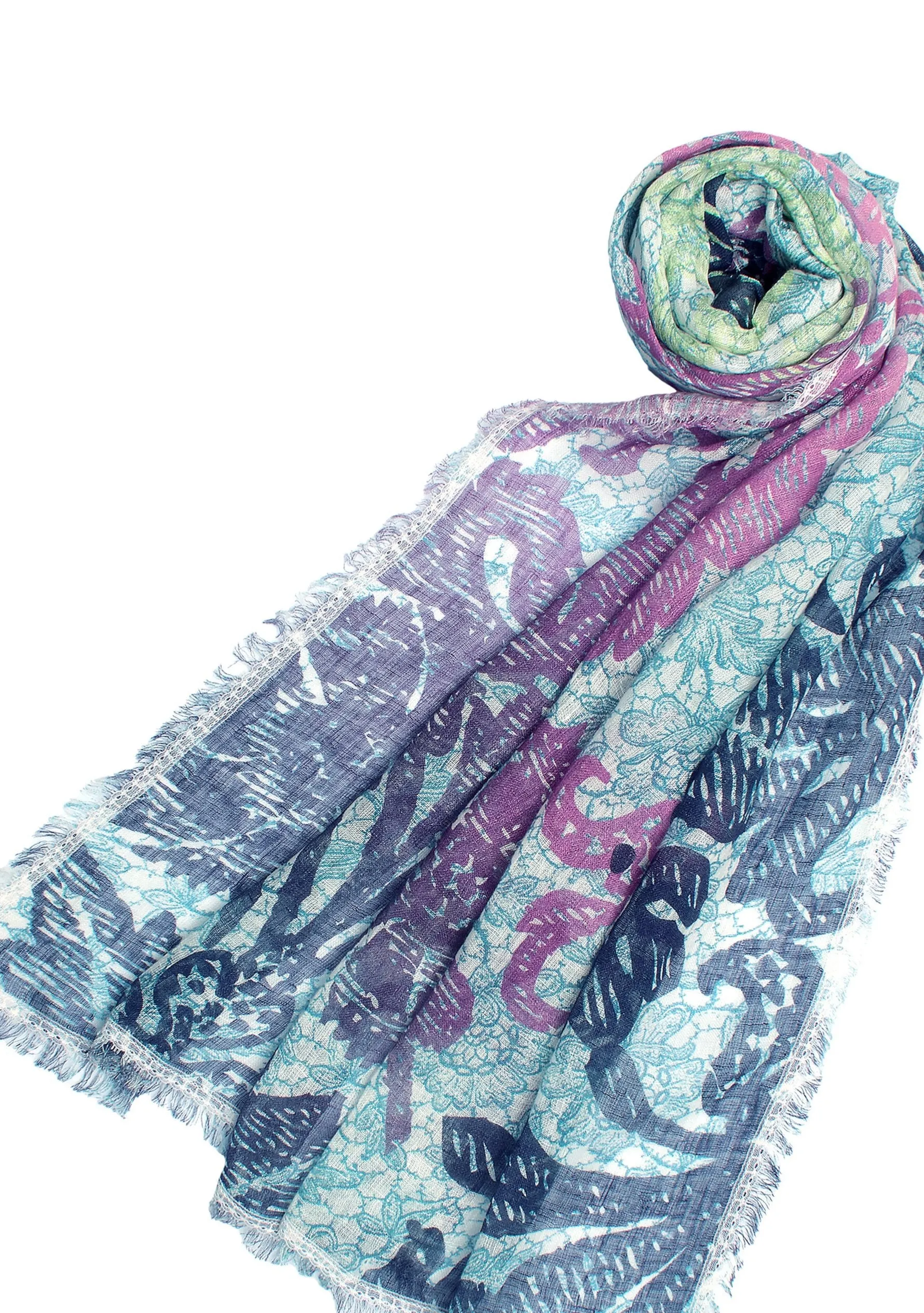 Navy Blue and Denim Blue Floral Printed Linen Scarf with an Ivory Filigree Lace Border