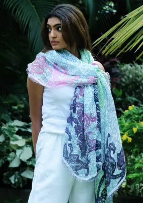 Navy Blue and Denim Blue Floral Printed Linen Scarf with an Ivory Filigree Lace Border