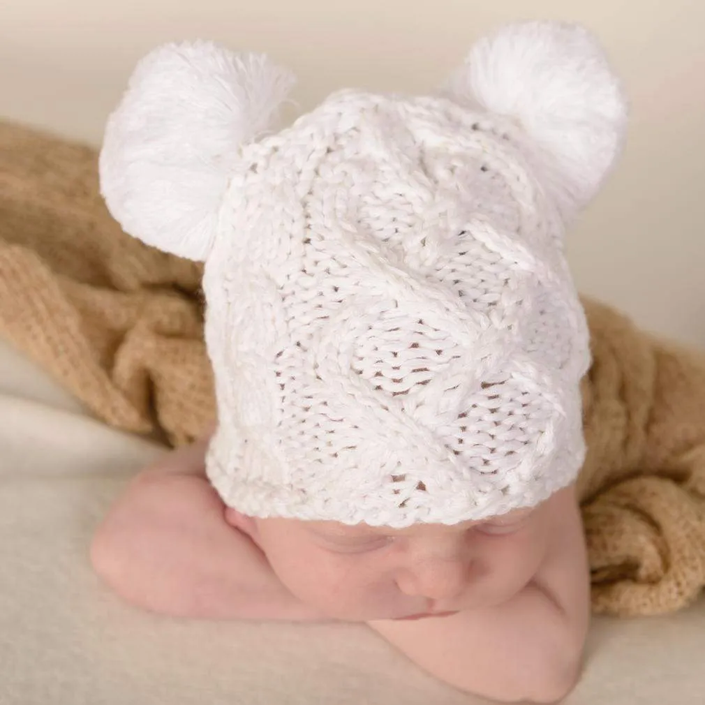 Newborn Aran White Double Pom Pom Beanie Hat