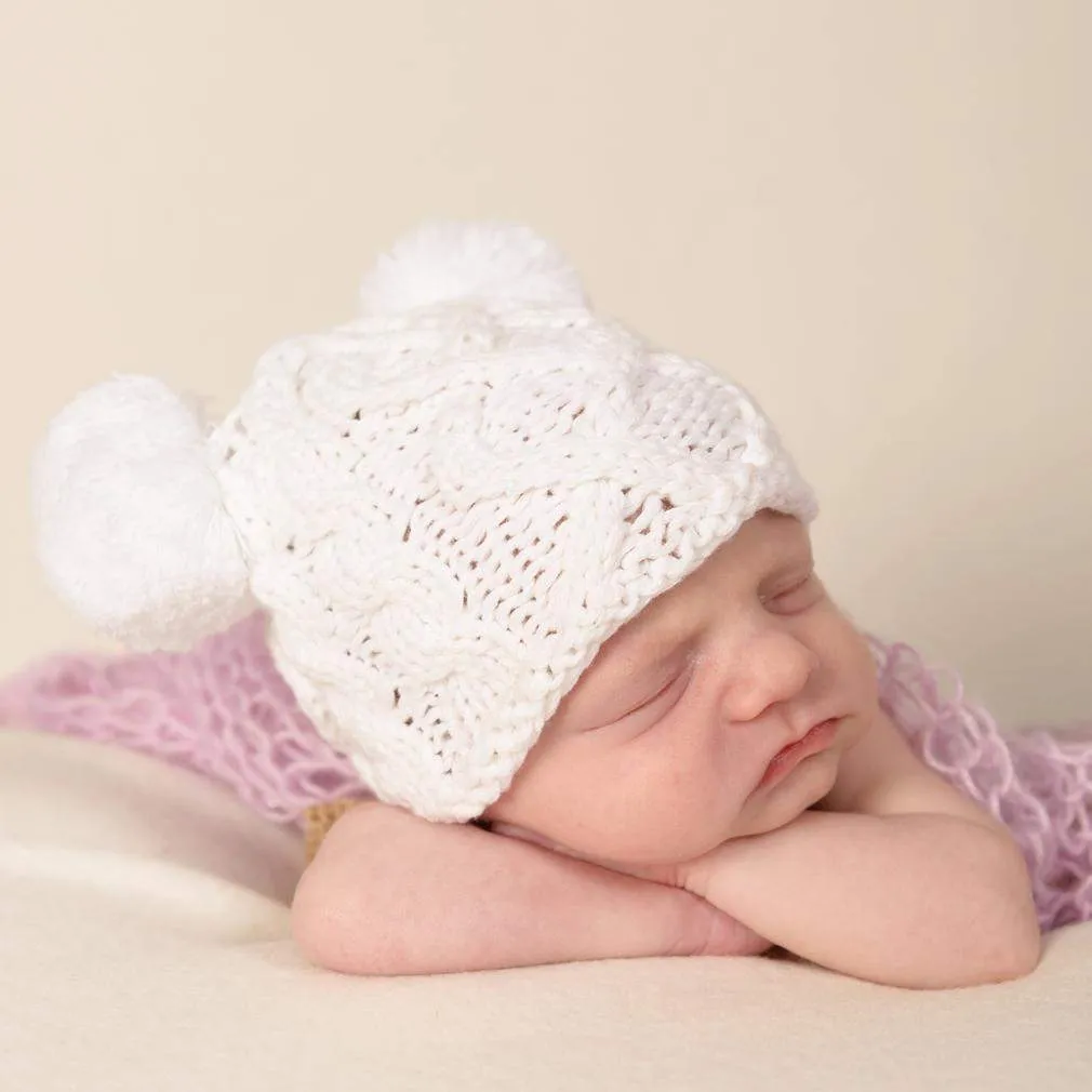 Newborn Aran White Double Pom Pom Beanie Hat