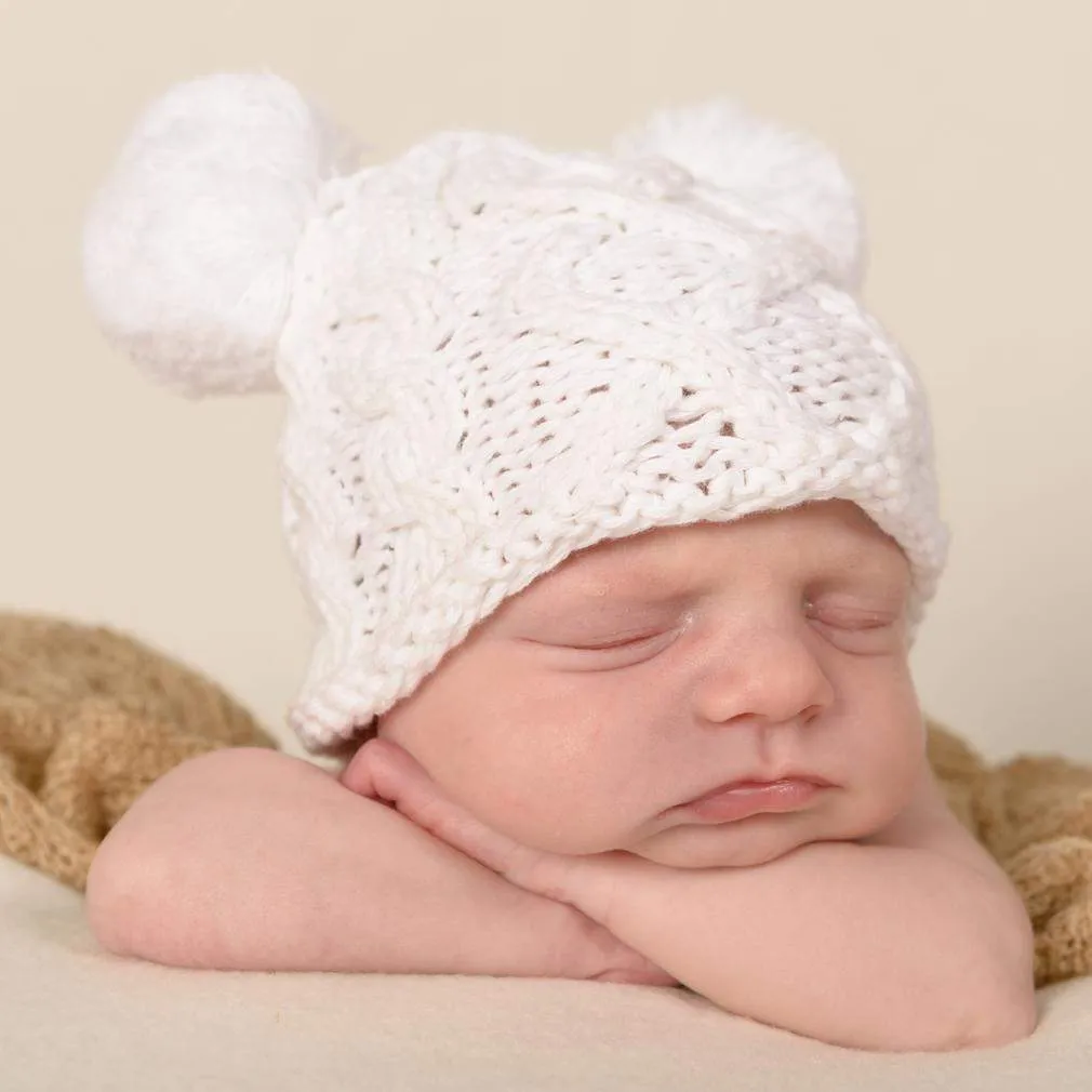 Newborn Aran White Double Pom Pom Beanie Hat