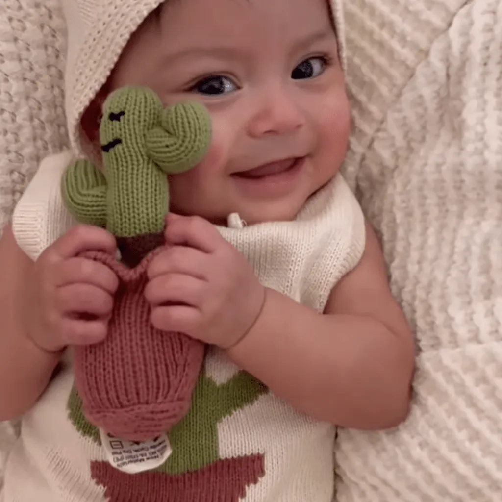 Organic Baby Gift Set - Hand Knit Newborn Romper with Cactus, Stuffed Toy, Bonnet Hat & Blanket with Heart