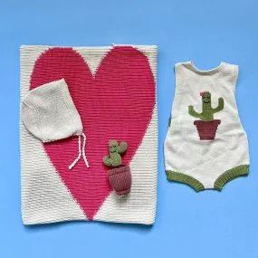 Organic Baby Gift Set - Hand Knit Newborn Romper with Cactus, Stuffed Toy, Bonnet Hat & Blanket with Heart