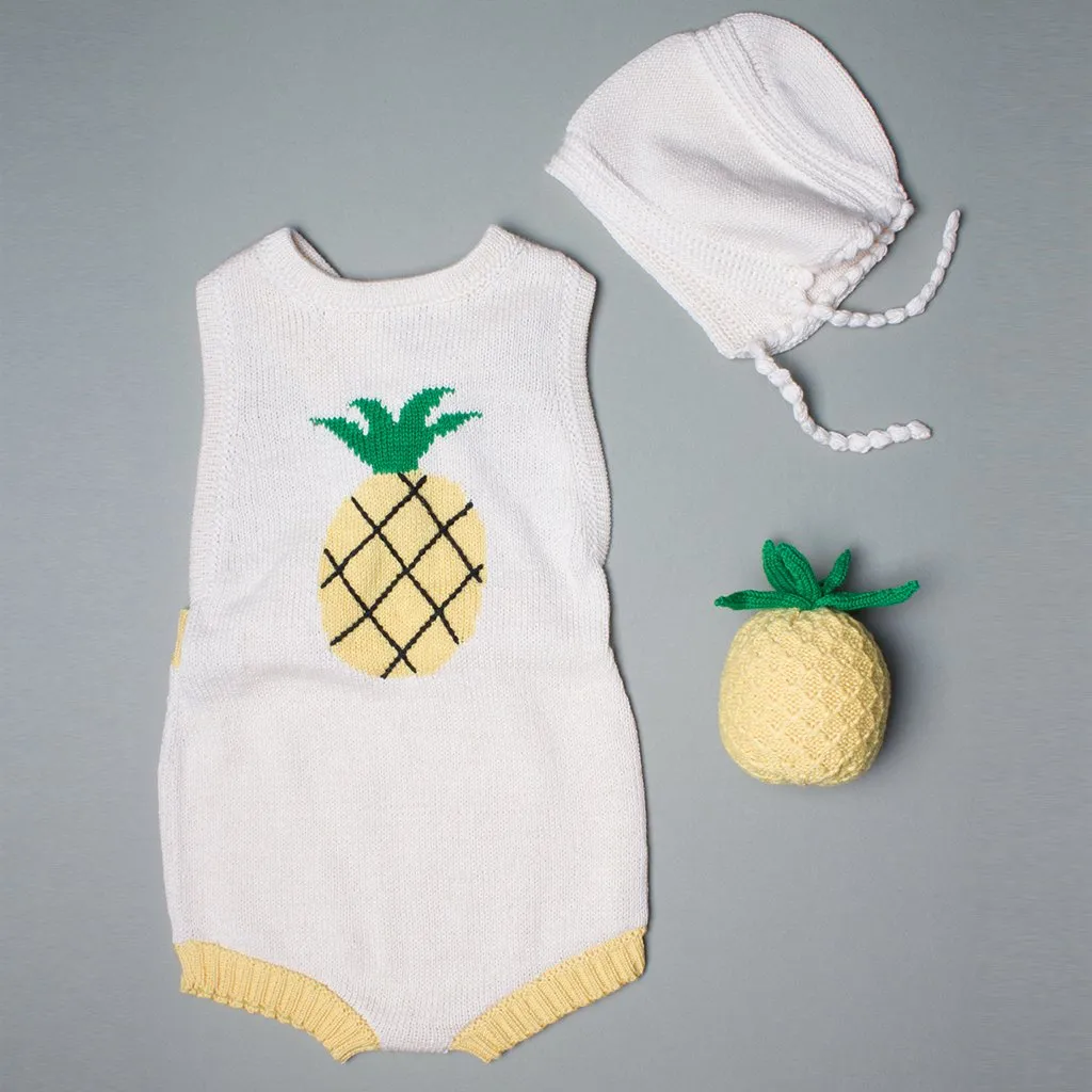 Organic Baby Gift Set - Handmade Newborn Romper, Bonnet Hat & Rattle Toy | Pineapple