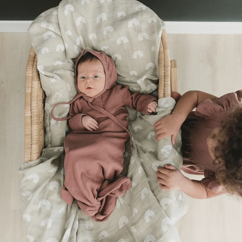 Organic Ribbed Cotton Knotted Baby Gown, Dusty Rose