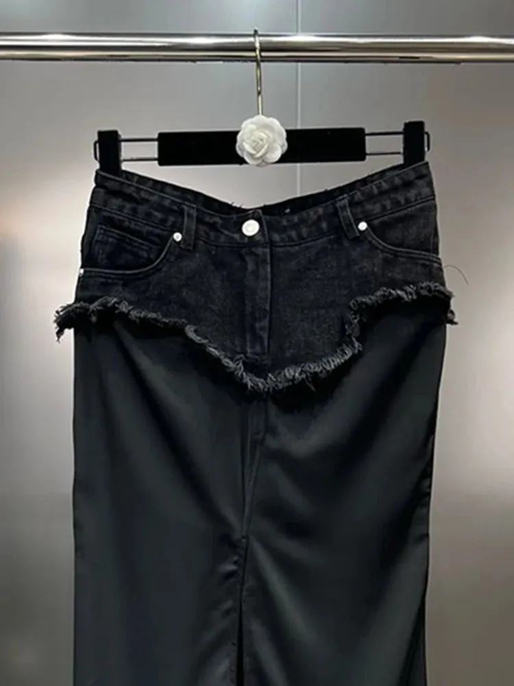 Patchwork Denim Casual Skirts For Women High Waist Split Slimming Spliced Pckets Skirt Female Fahsion Clothing