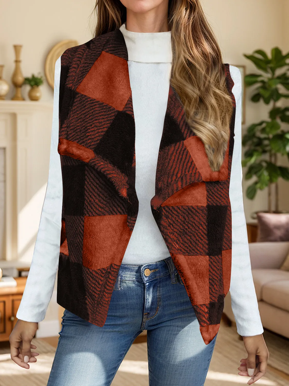 Plaid Open Front Vest Coat