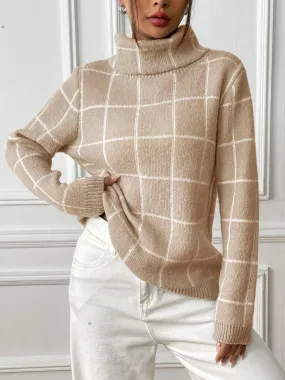 Plaid Sweater Turtleneck Knit Long Sleeve Knitwear