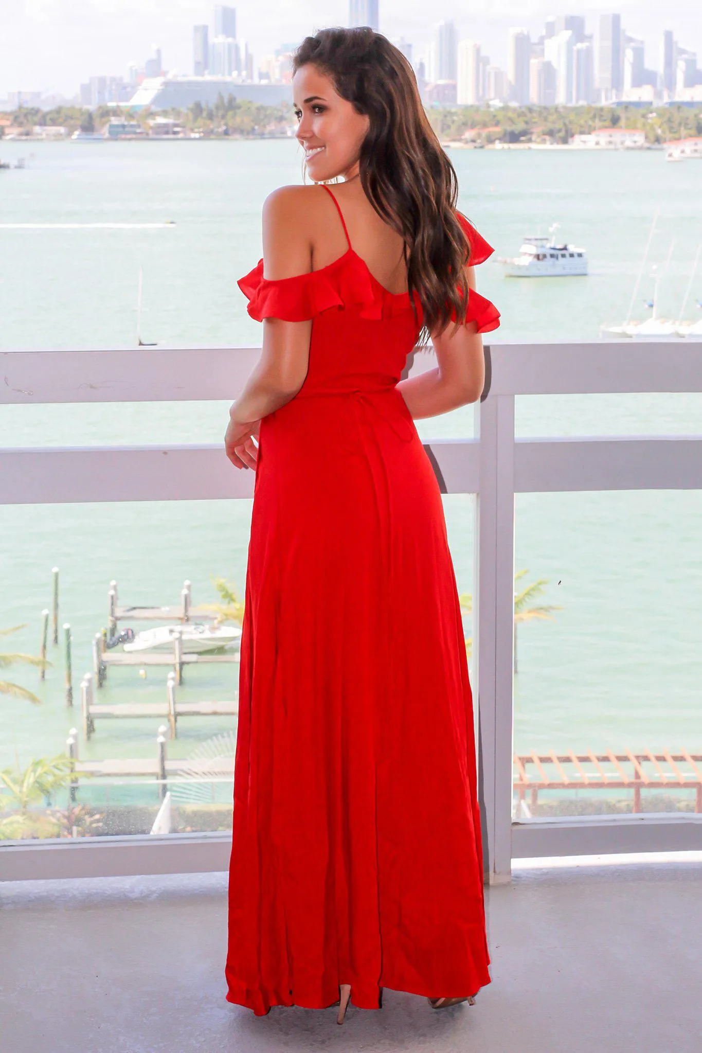 Red Wrap Dress with Ruffles