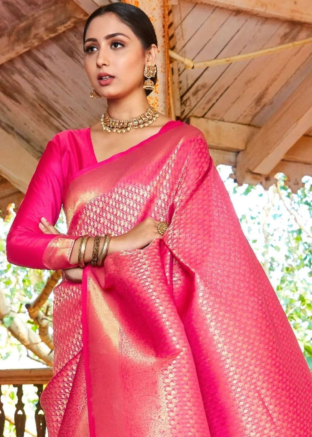 Rose Pink Woven Kanjivaram Saree:Limited Edition