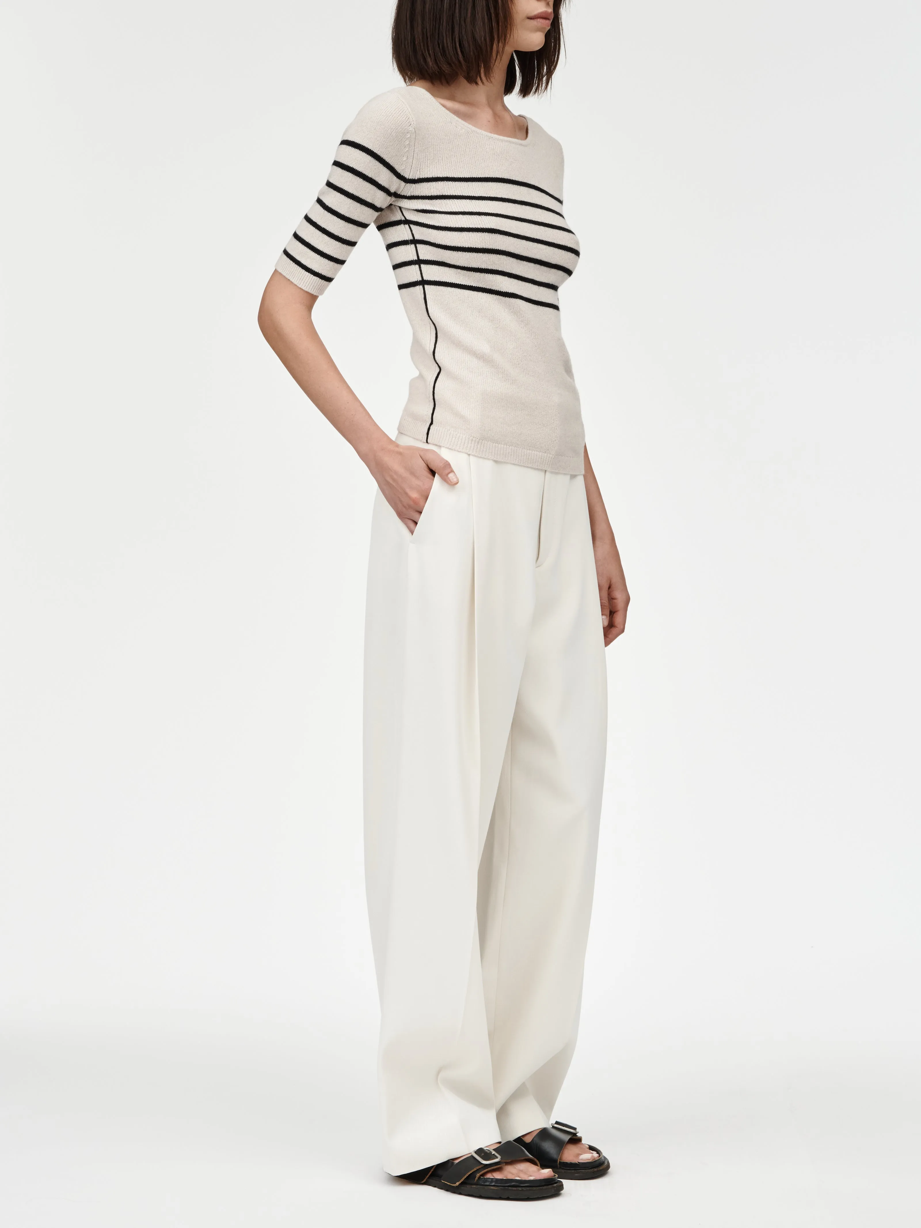 Scoop Back Top in Crema with Black Stripe