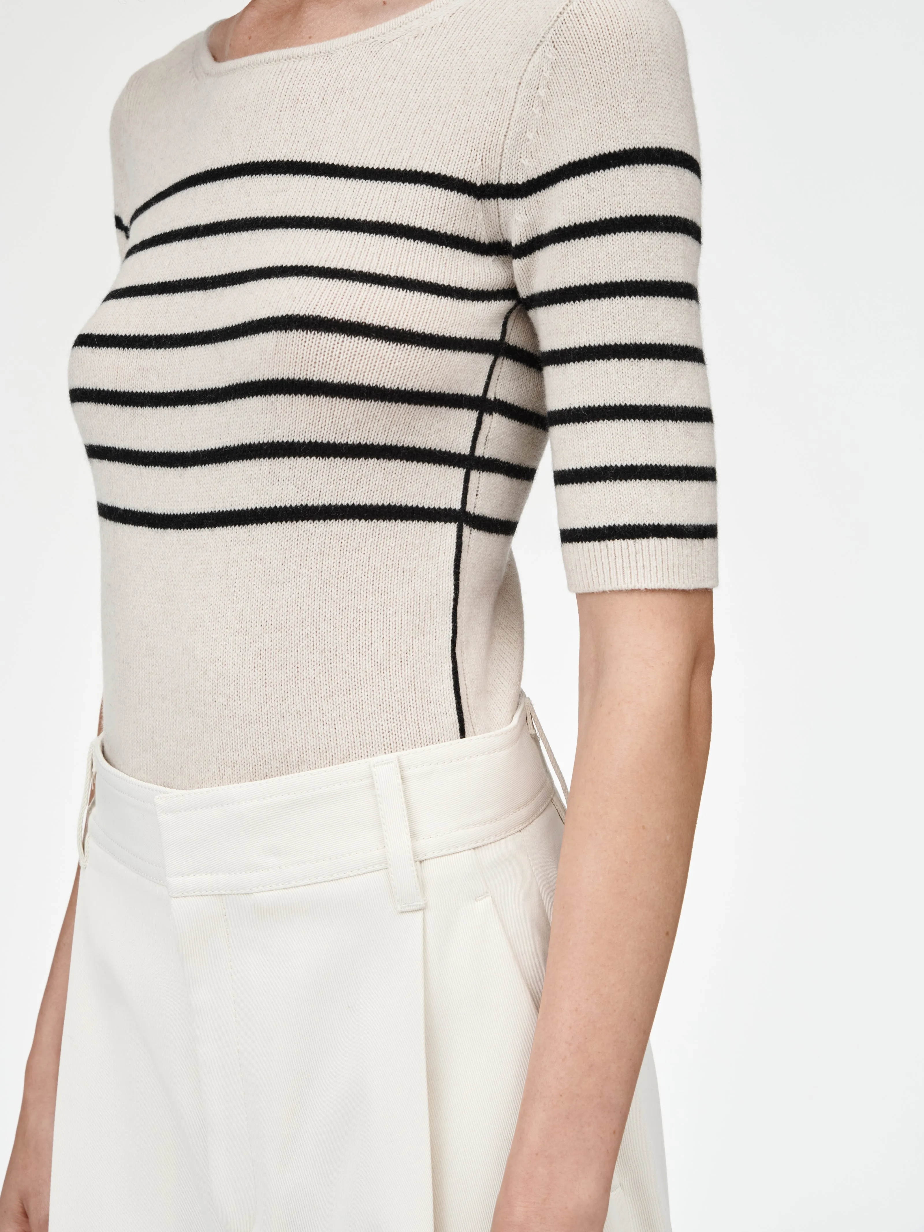 Scoop Back Top in Crema with Black Stripe