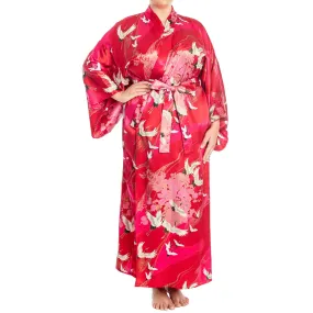 Silk Crane Print Long Red Japanese Kimono XL