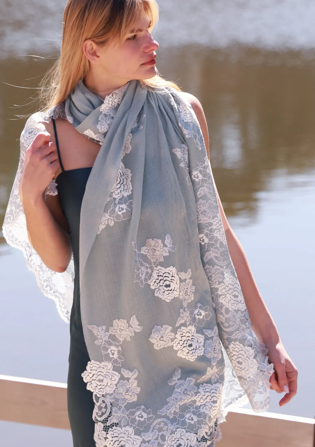 Silver Grey Cashmere Scarf with Dual Shade Silver Grey and Lt. Blue Chantilly Lace