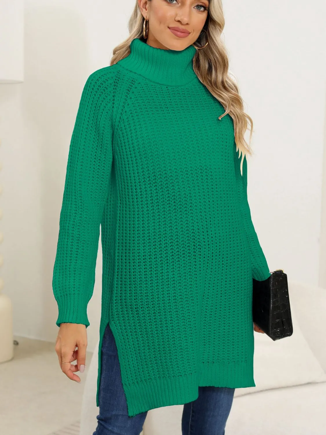 Slit Turtleneck Long Sleeve Sweater