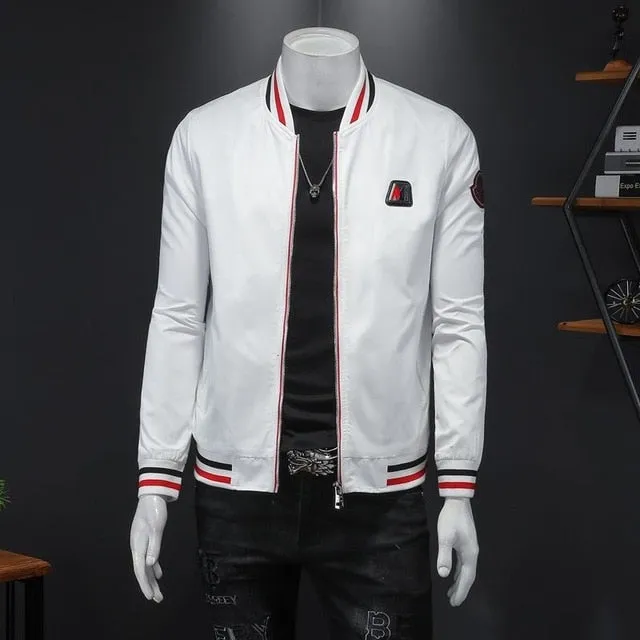 Solid Stripe Border Style Bomber Jacket