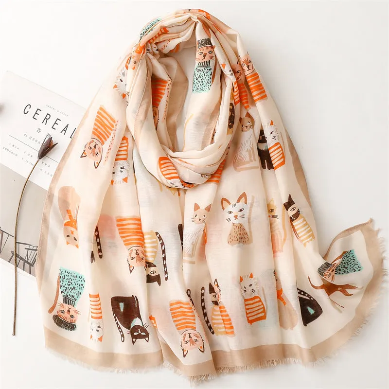 Spring and Autumn Sunscreen Cute Cat Paradise Printed Silk Scarf Satin Cotton Long Scarf