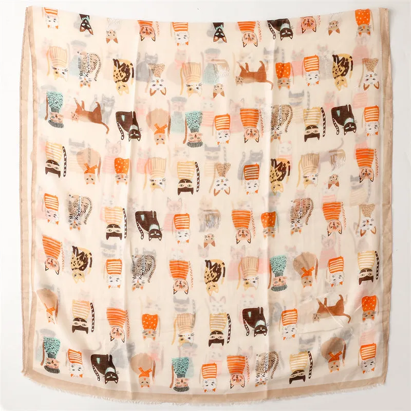 Spring and Autumn Sunscreen Cute Cat Paradise Printed Silk Scarf Satin Cotton Long Scarf