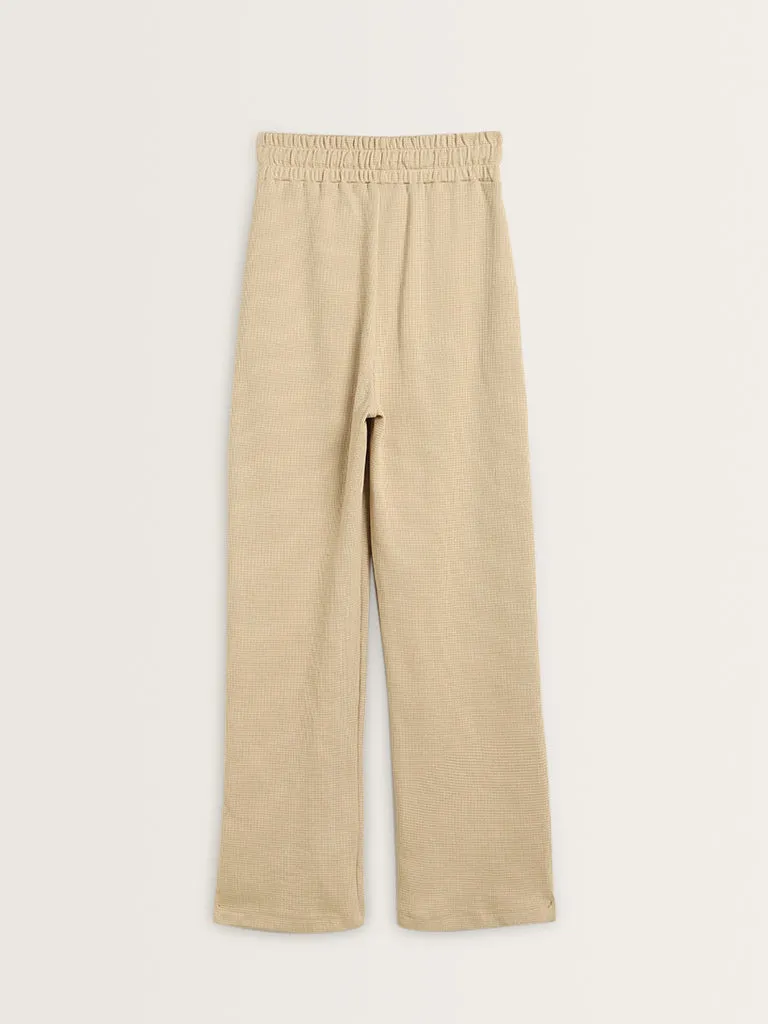 Studiofit Beige Waffle Textured Cotton High Rise Track Pants