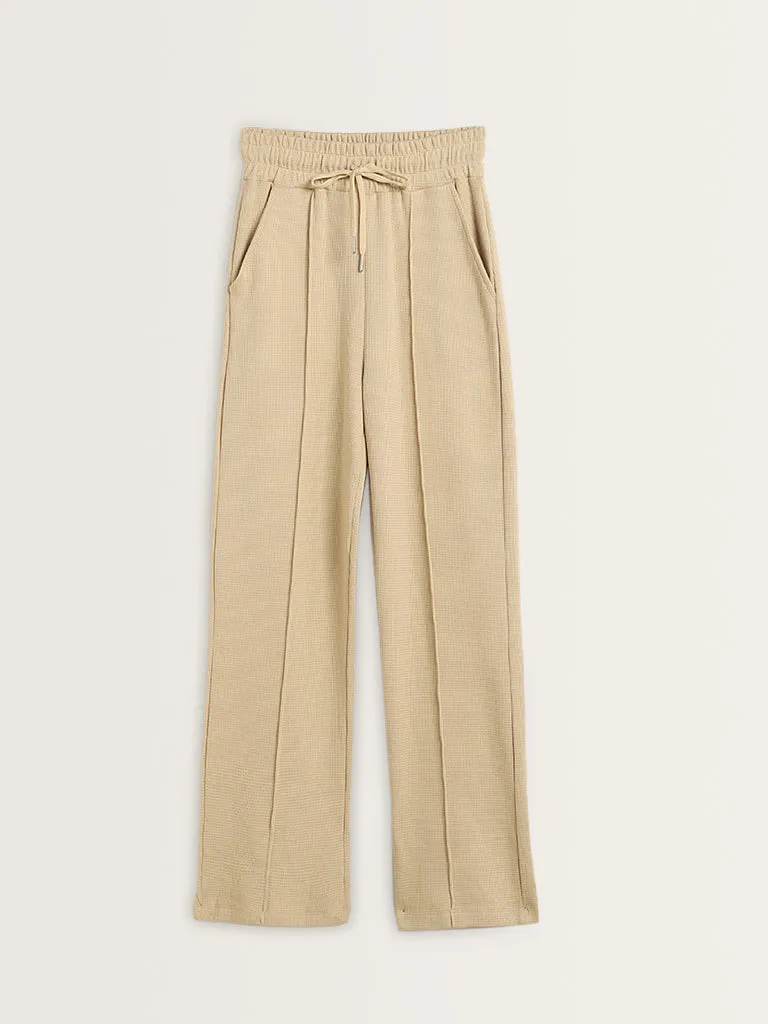 Studiofit Beige Waffle Textured Cotton High Rise Track Pants