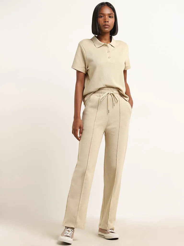 Studiofit Beige Waffle Textured Cotton High Rise Track Pants