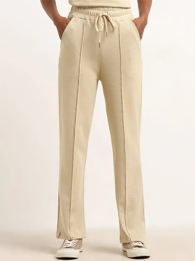 Studiofit Beige Waffle Textured Cotton High Rise Track Pants