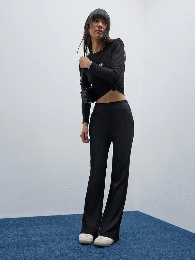 Studiofit Black Ribbed High-Rise Track Pants