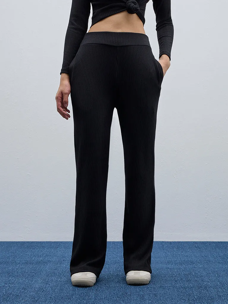 Studiofit Black Ribbed High-Rise Track Pants