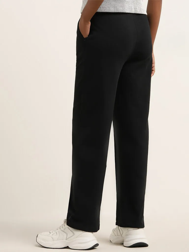 Studiofit Black Solid Mid-Rise Cotton Blend Track Pants