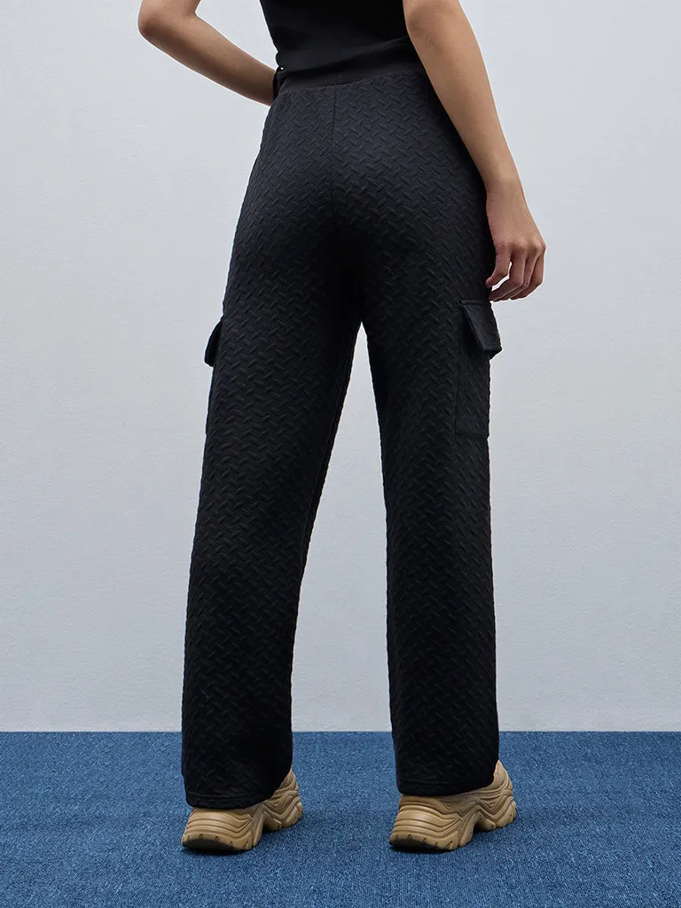 Studiofit Black Textured High-Rise Track Pants