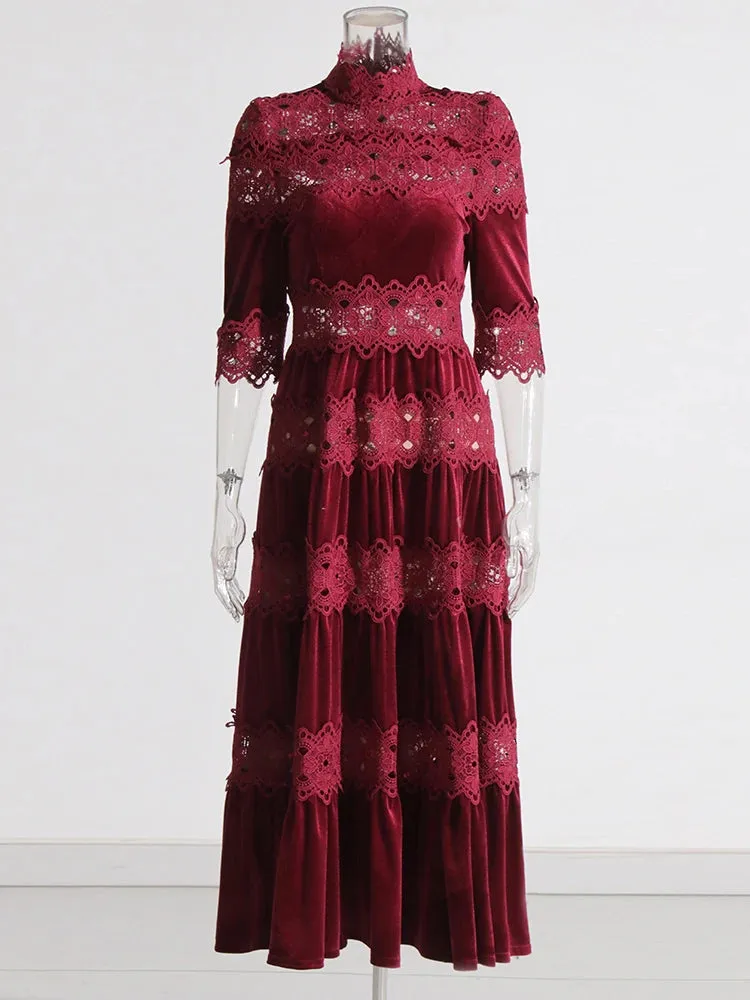 TEEK - Tier Embroidered Lace Turtleneck Dress