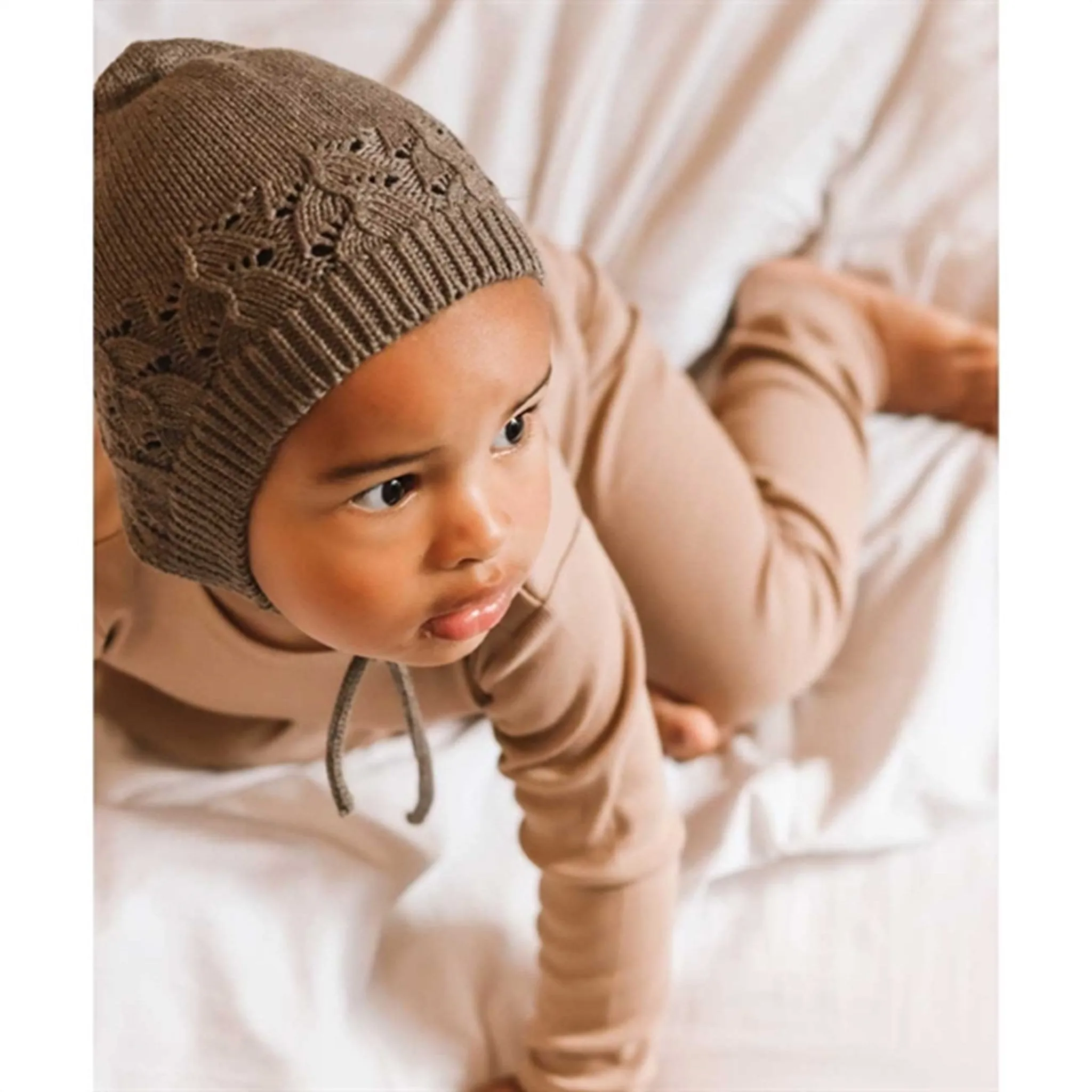 That's Mine Earth Brown Melange Bonette Pointelle Knit Hat