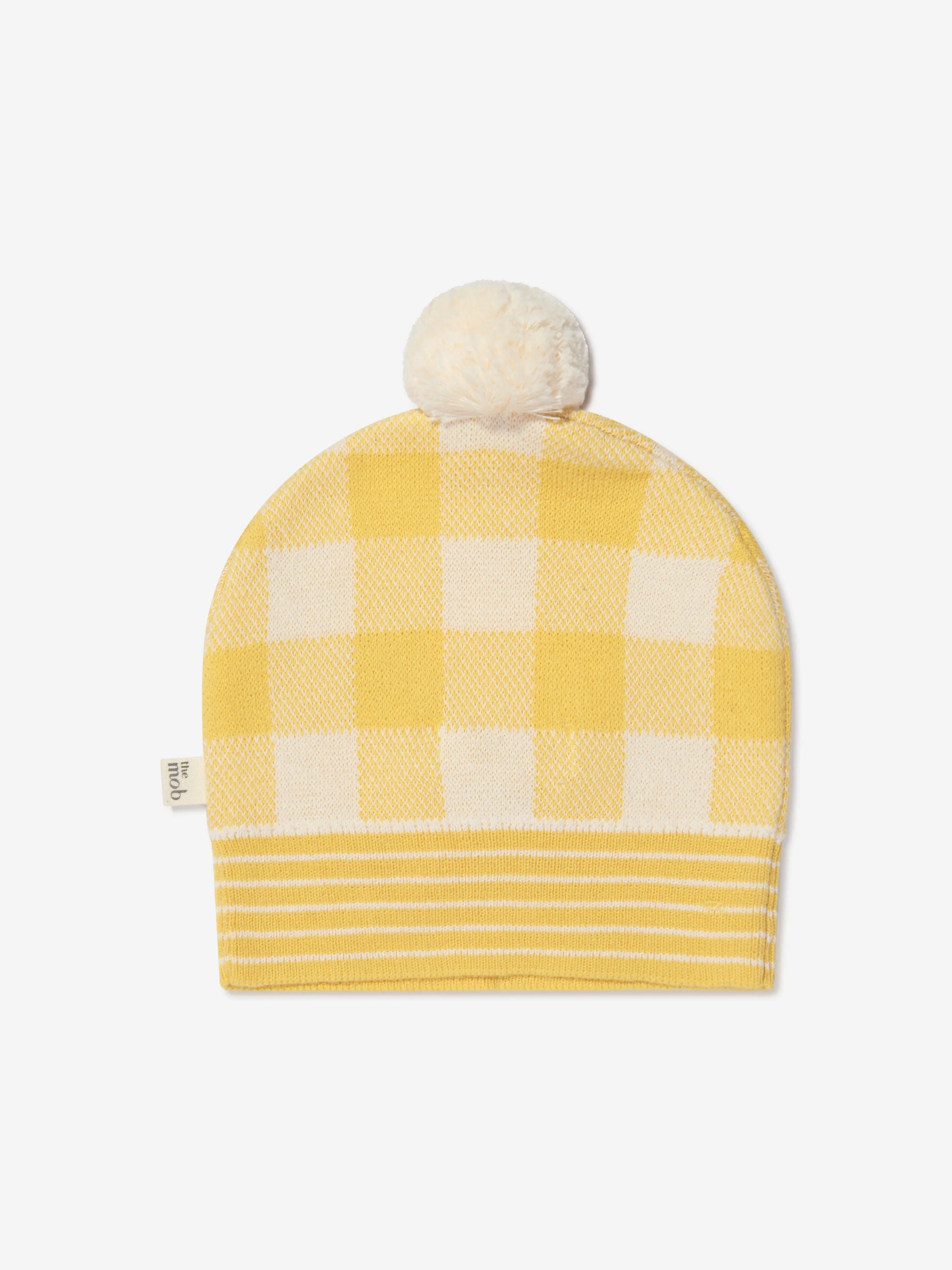 The Bonnie Mob Kids Check Jacquard Knit Hat in Yellow