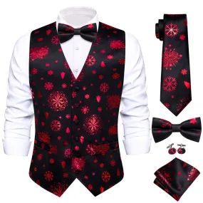 Ties2you Men's Vest Black Red Christmas Elements Silk Vest Necktie Bow Tie Handkerchief Cufflinks Set