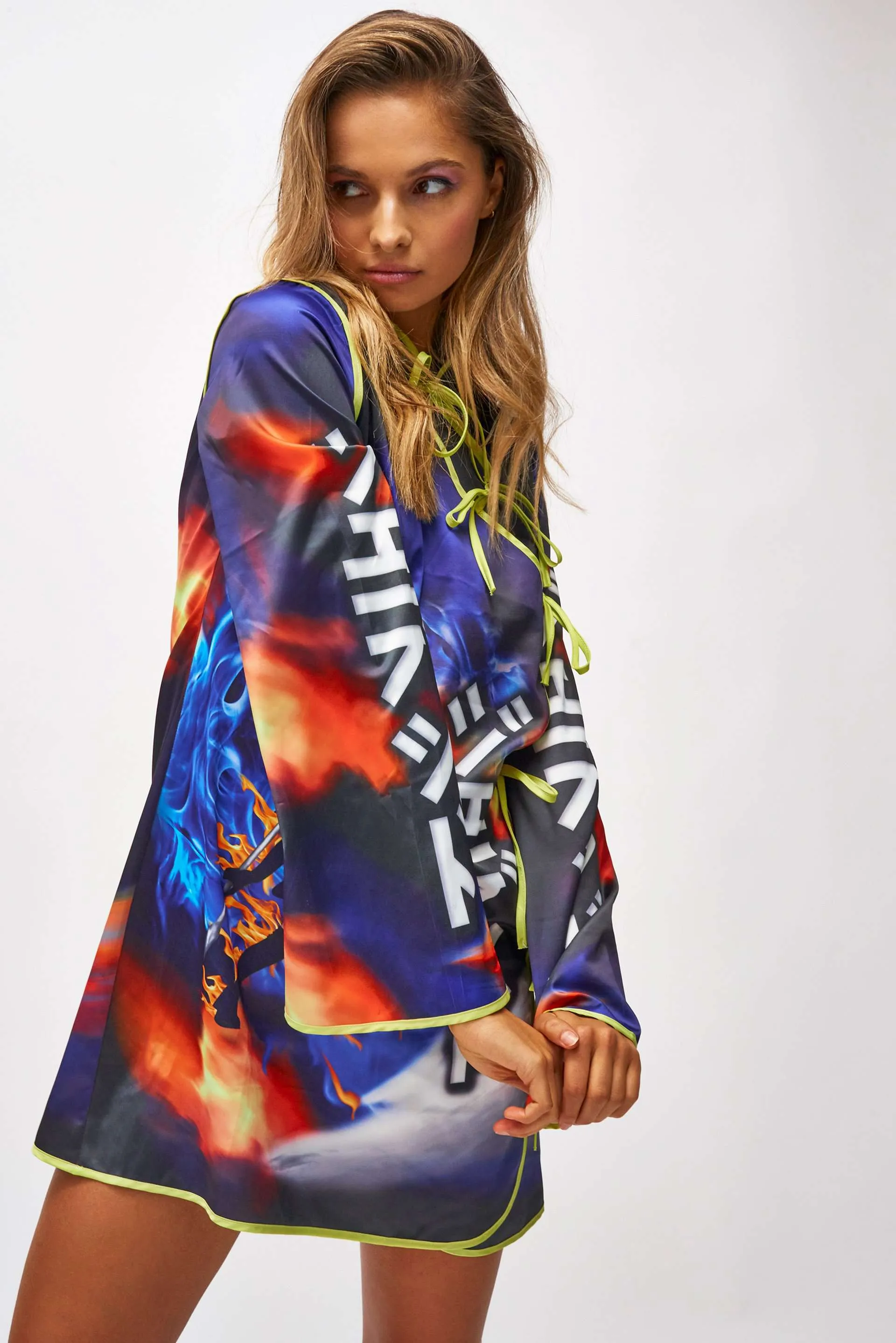 Tokyo Anime Print Wrap Over Satin Mini Dress