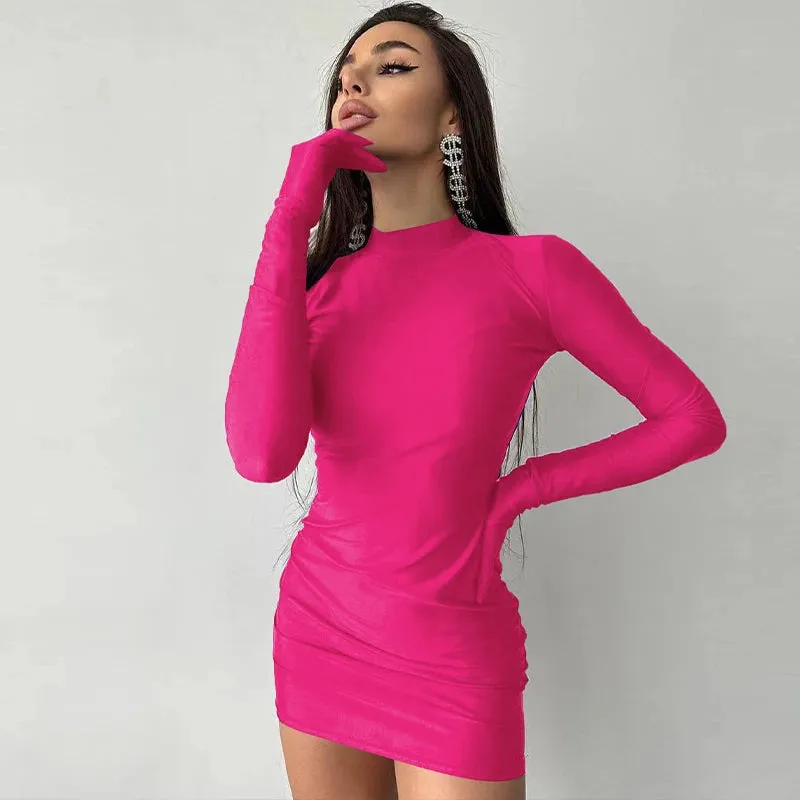 Trendy Long Sleeve With Gloves Turtleneck Mini Dress