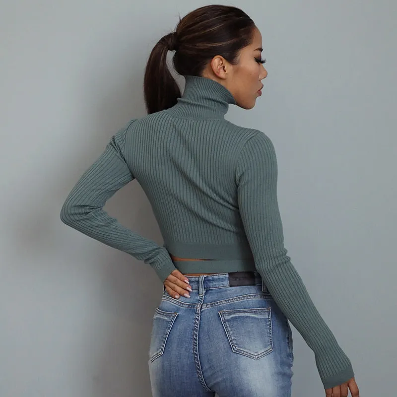 Trendy Turtleneck Bandage Long Sleeve Shirt